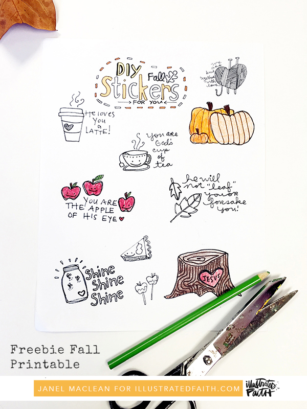 Freebie Fall Printable by Janel Maclean for Illustrated Faith | fall stickers | DIY coloring printable | freebie