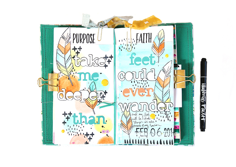 a mixed media art journal page inspired by the lyrics to Hillsong's Ocean using Illustrated Faith stamps and watercolors by Gina Liberos