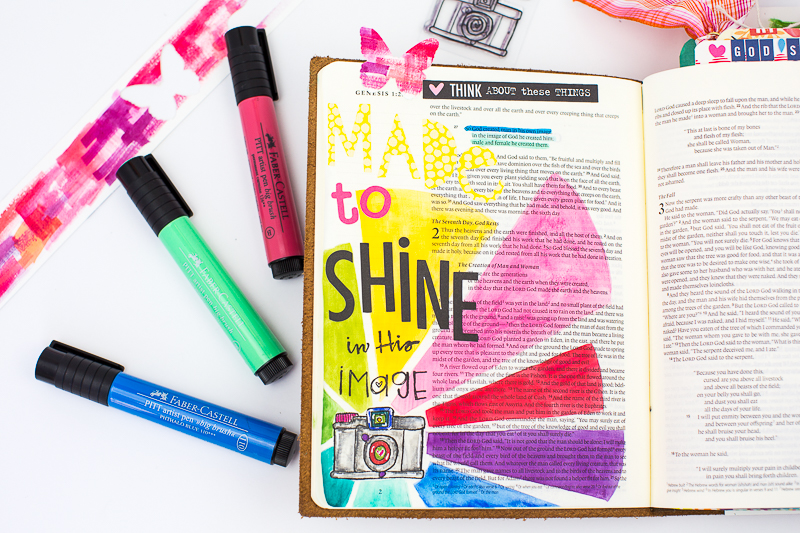 Amy Bruce is sharing with us her step by step process in creating this mixed media art journaling Bible page about being made to shine in His image