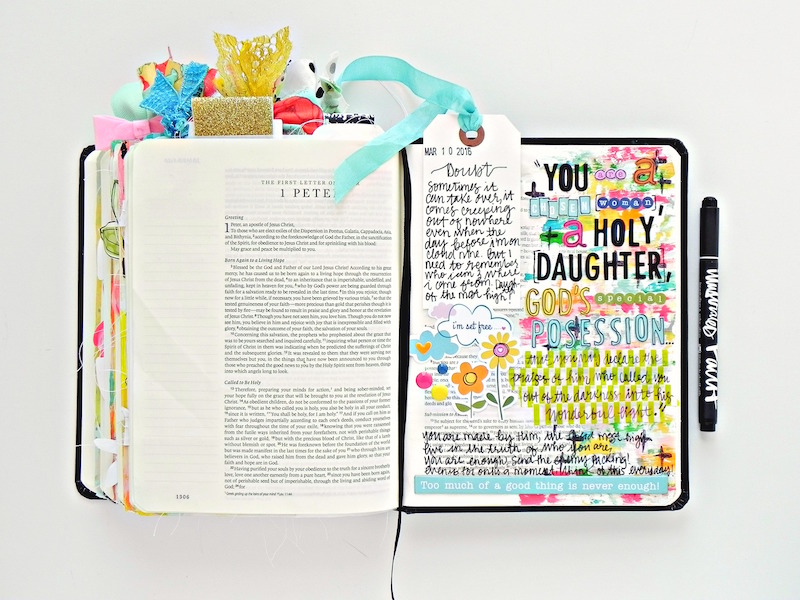 a mixed media art journaling Bible entry by Stephanie Buice based off of 1 Peter 2:9 | A Confident Heart by Renee Swope | You are a chosen woman, a holy daughter, God's special posession
