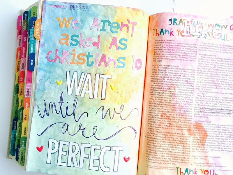 mixed media art journal Bible entry by Tawni, sharing not to wait for perfection or someone might miss the message