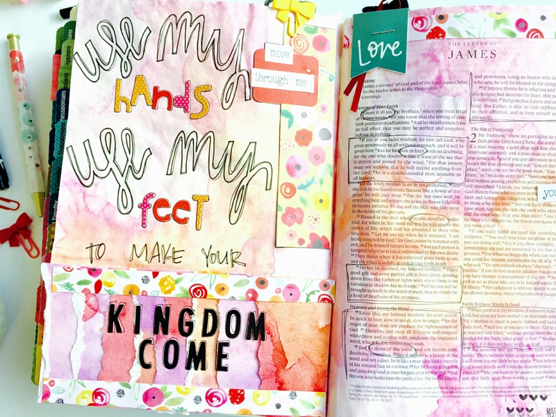 watercolor mixed media art journaling Bible page by Tawni based on James 1 and 2 and the song Follow You by Leeland | ESV Interleaved Journaling Bible
