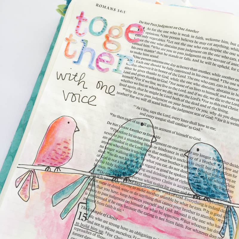 watercolor Journaling Bible entry by Bekah and a lesson  on living in harmony