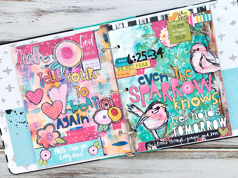 mixed media art journal entry for anxiety and worry inspired by the song Sparrows by Jason Gray | Matthew 6:25-34 | Illustrated Faith Praise Book by Bella Blvd | Heather Greenwood
