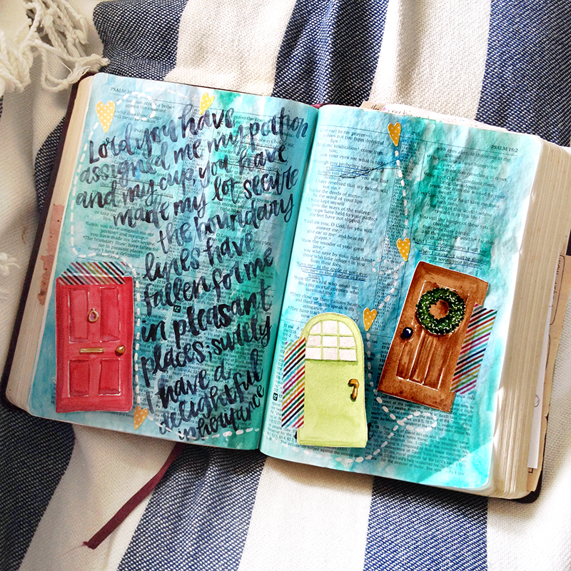 mixed media hybrid art journaling Bible by Brianna Showalter | Print Pray Shop My Father's House | watercolors | printables