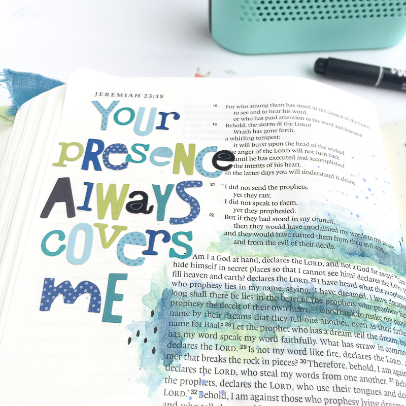 mixed media art journaling Bible entry by Bekah Blankenship | Your Presence Always Covers Me | Jeremiah 23