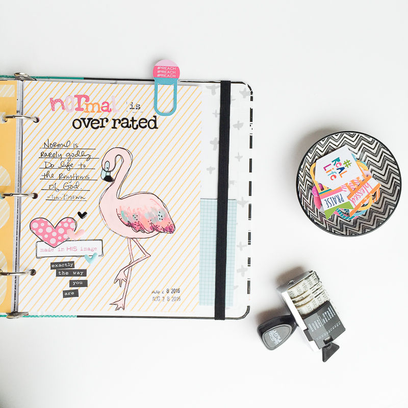 mixed media faith art journaling by Bekah Blankenship | Normal is Overrated | flamingo illustration | Illustrated Faith Praise Book