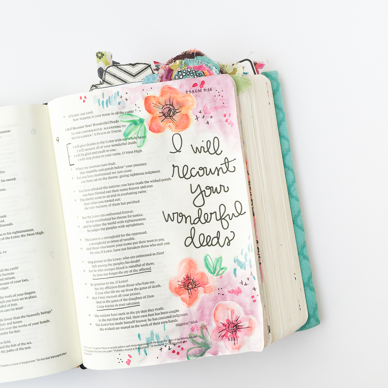 watercolor flowers handlettering Bible journaling entry by Bekah Blankenship | Thankful | Recounting | Psalm 9