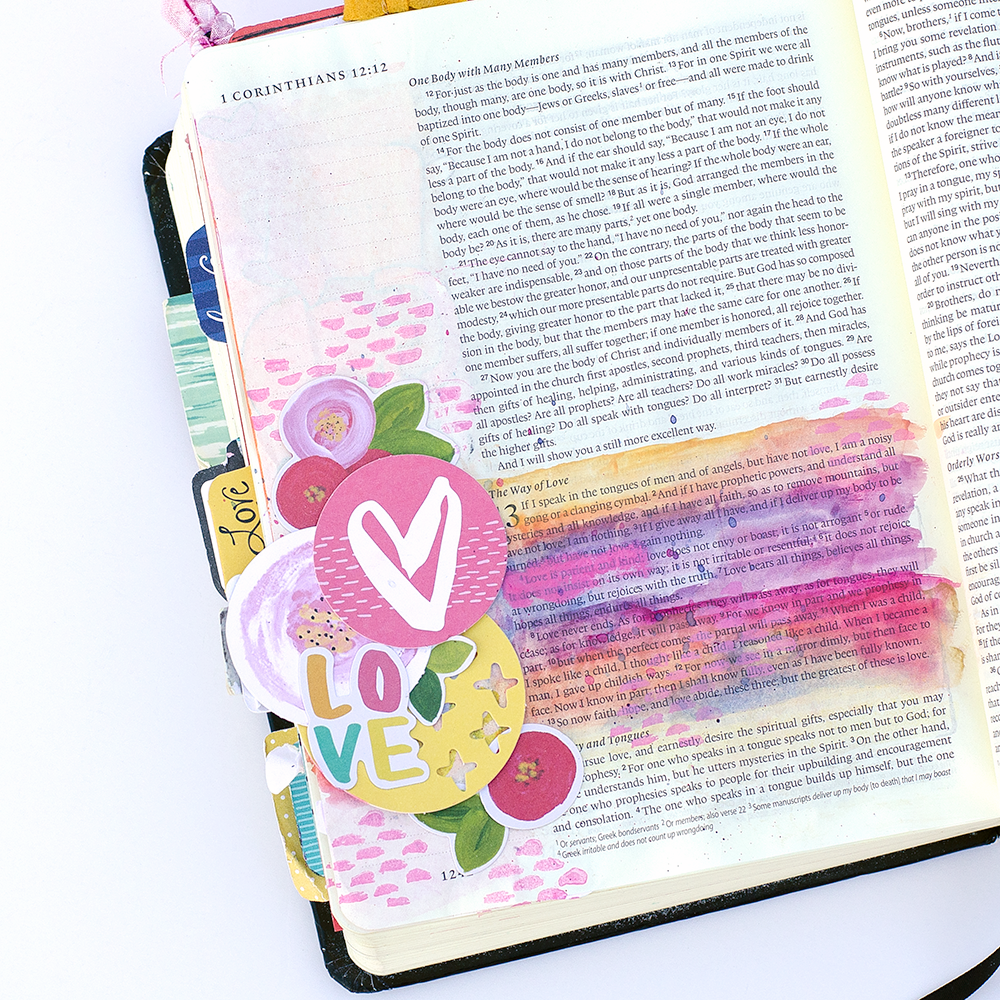 mixed media tutorial clear embossing stamp resist watercolor by Heather Greenwood | 1 Corinthians 13 Bible Journaling