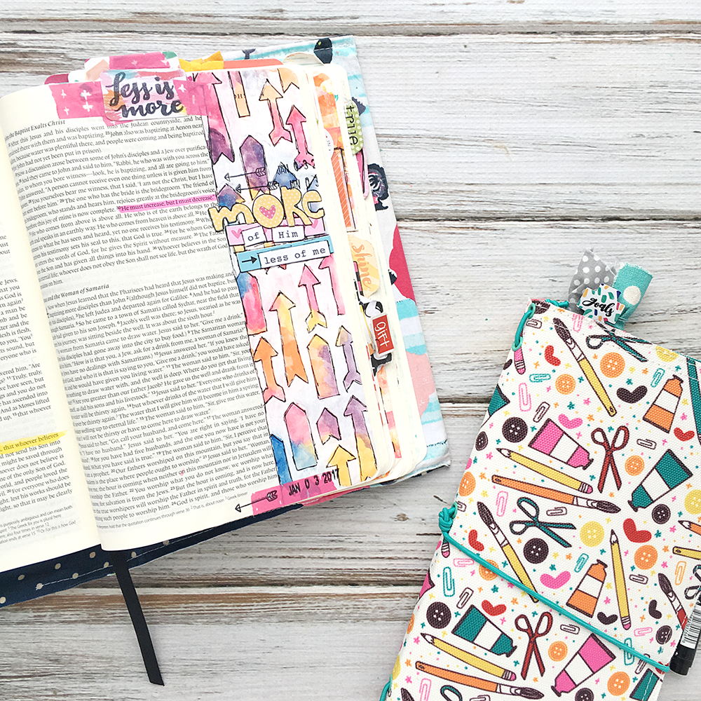 mixed media Bible art journaling tutorial by Heather Greenwood | masking arrows | watercolors and acrylic paint | More of God and less of me