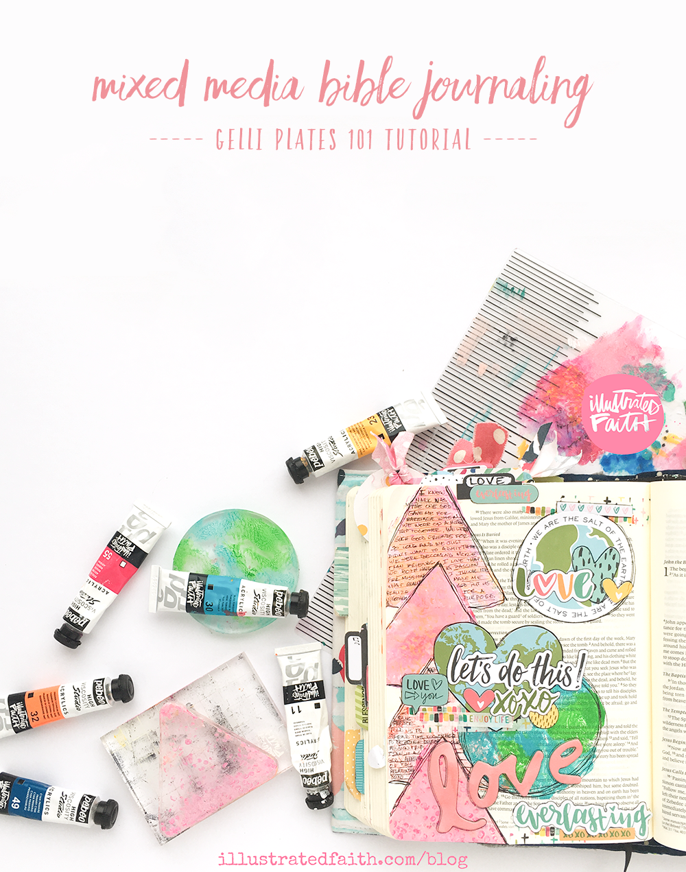 mixed media gelli plate tutorial and Bible Journaling entry by Heather Greenwood | Illustrated Faith Stubborn Love | The Great Commission and love