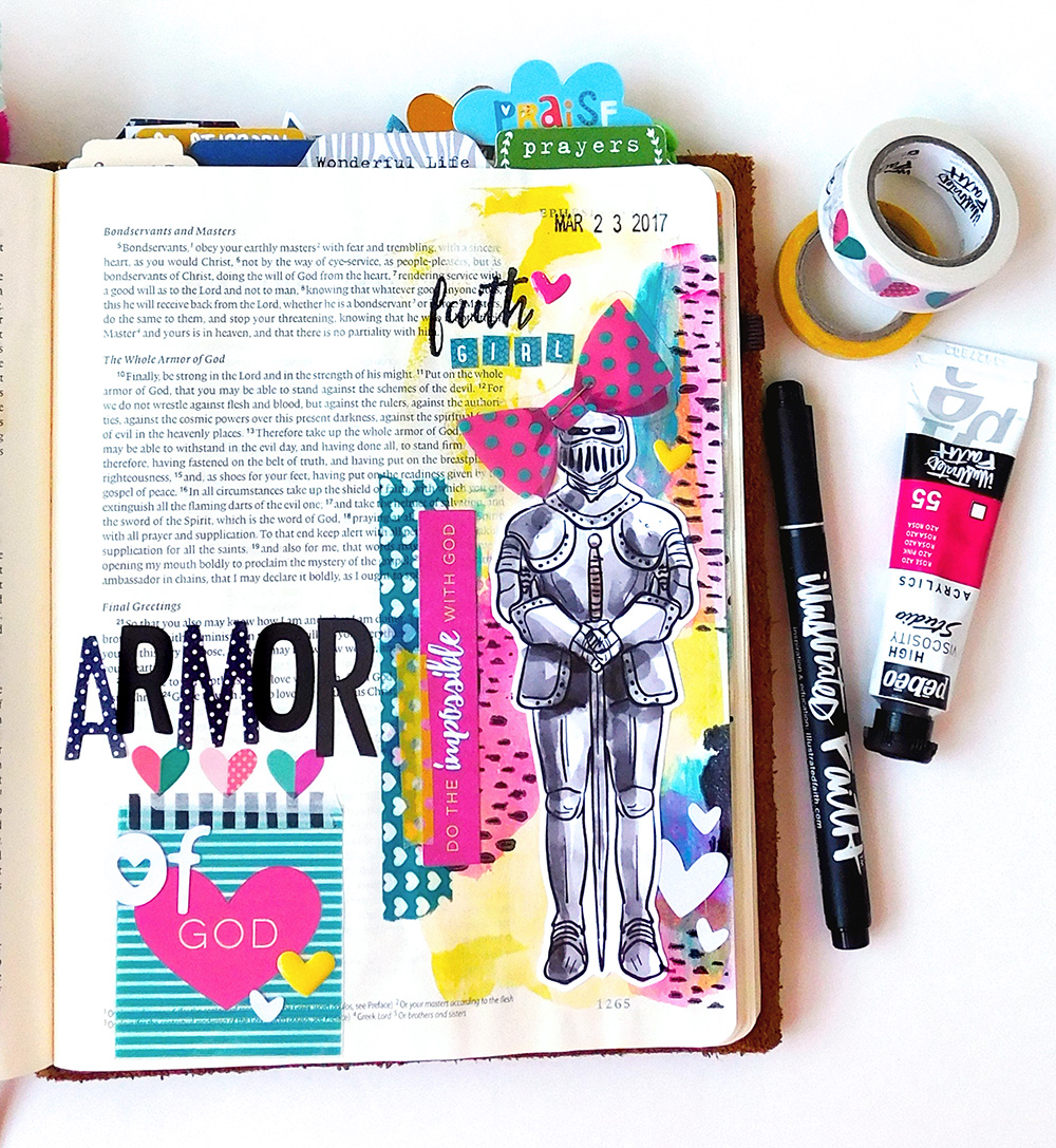 mixed media hybrid Bible journaling entry by Elaine Davis | Put a Bow on Your Armor of God | Ephesians 6:13-18