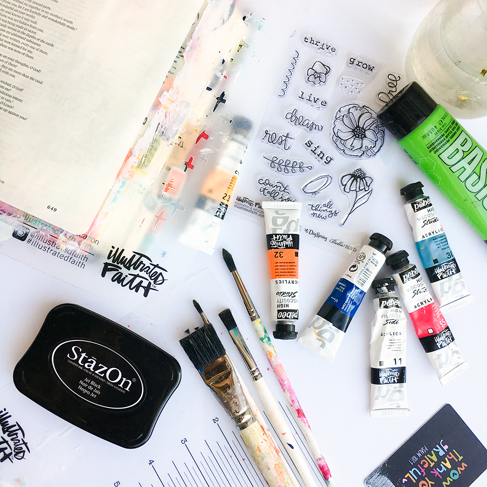 mixed media bible journaling tutorial painterly layers by Heather Greenwood | Illustrated Faith Free to Flourish Devotional - Free From Insecurity