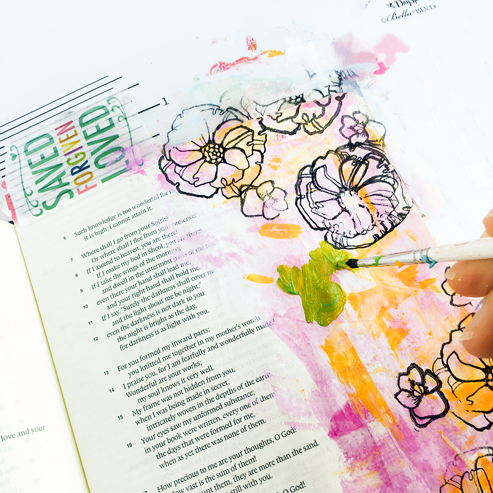 mixed media bible journaling tutorial painterly layers by Heather Greenwood | Illustrated Faith Free to Flourish Devotional - Free From Insecurity