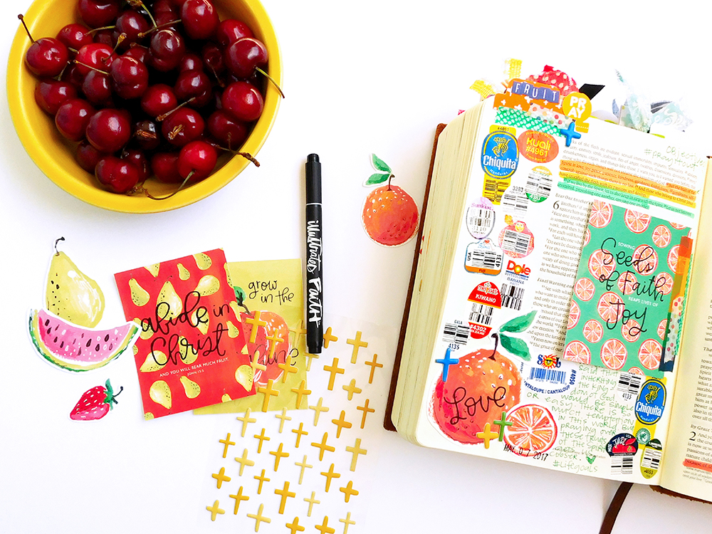 hybrid digital printable mixed media bible journaling entry by Elaine Davis | Use What You Have: Fruit Produce Stickers