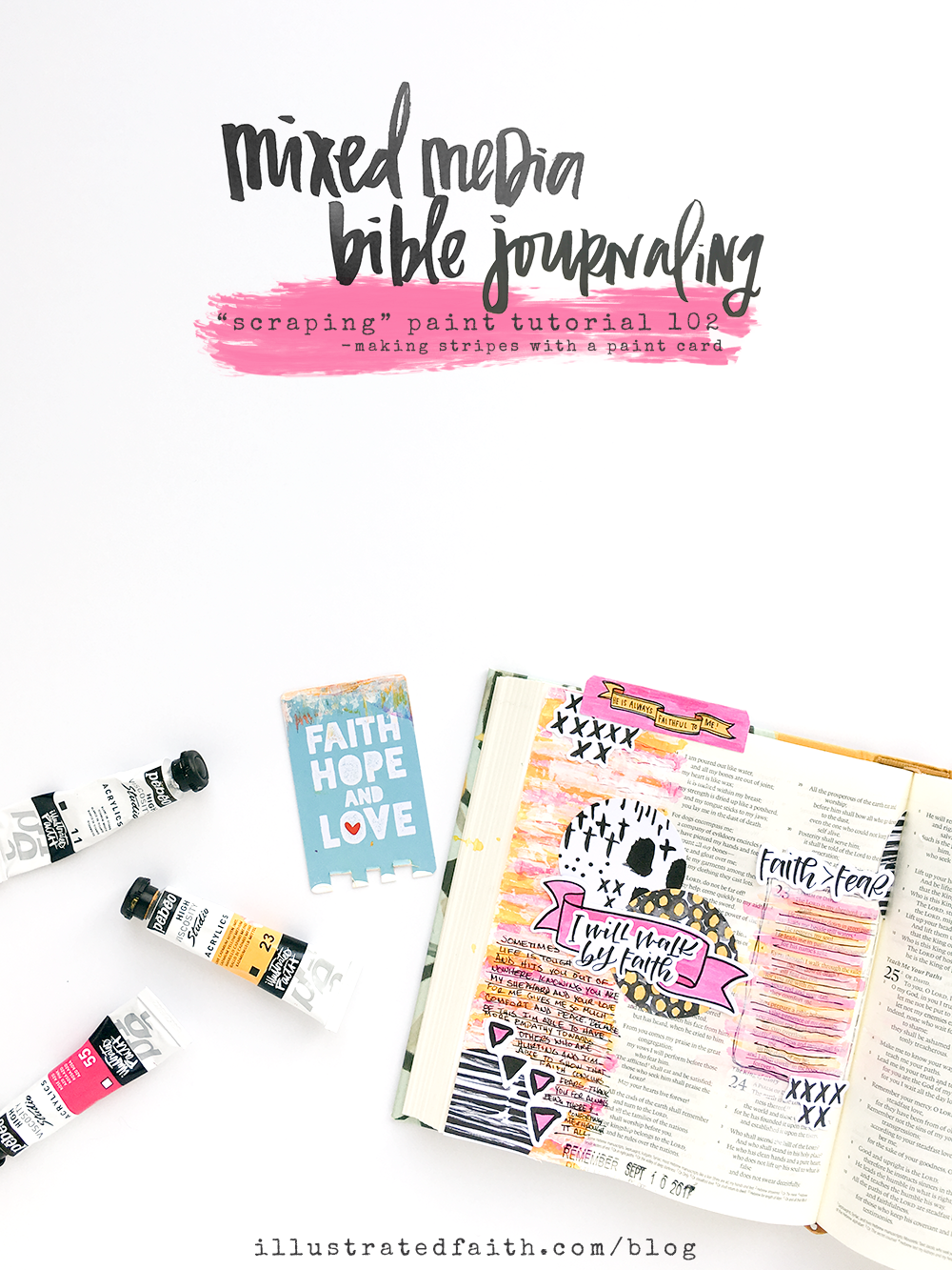 mixed media Bible journaling tutorial - scraping paint stripes by Heather Greenwood | Illustrated Faith Faith>Fear Collection