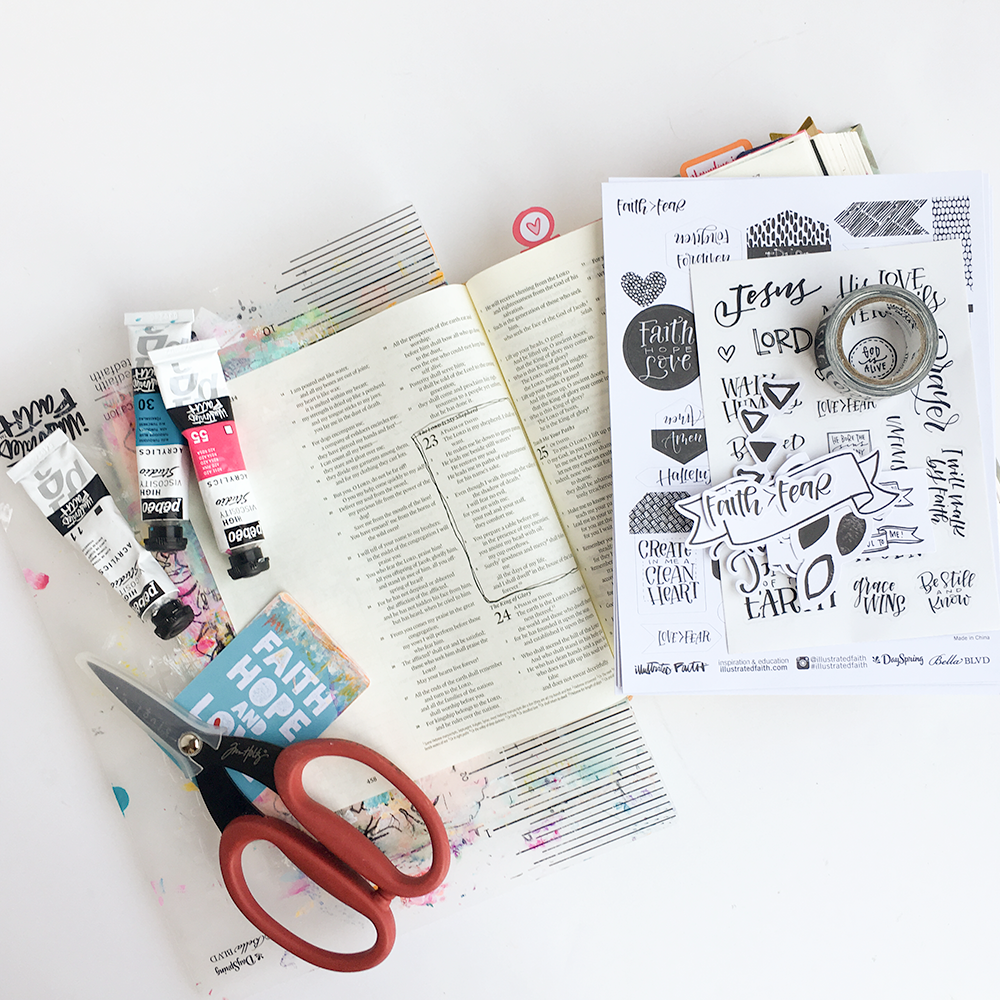 mixed media Bible journaling tutorial - scraping paint stripes by Heather Greenwood | Illustrated Faith Faith>Fear Collection