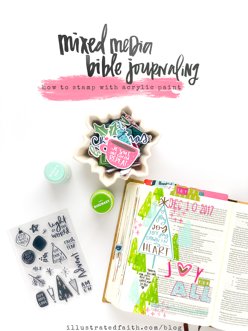 mixed media Bible journaling tutorial by Heather Greenwood | Luke 2:10 Advent Bible journaling | stamping with acrylic paints