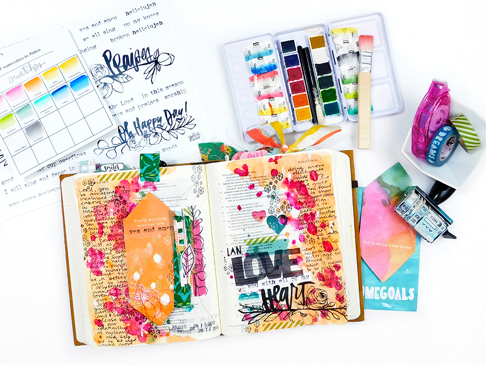 mixed media Bible journaling entry by Elaine Davis using hybrid printables | Mixing Printables with Devotional Kits