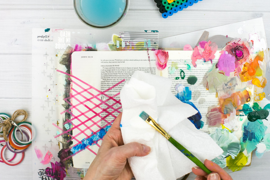 Mixed Media Bible Journaling Tutorial by Amy Bruce using Highligher Tape, All Peoples All Nations, and Brush Lettering Clear Stickers | Not of this World - Washi Tape Masking with Acrylics