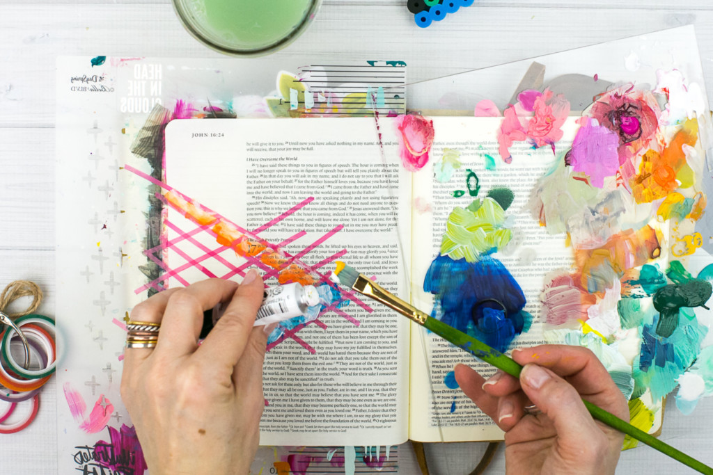 Mixed Media Bible Journaling Tutorial by Amy Bruce using Highligher Tape, All Peoples All Nations, and Brush Lettering Clear Stickers | Not of this World - Washi Tape Masking with Acrylics