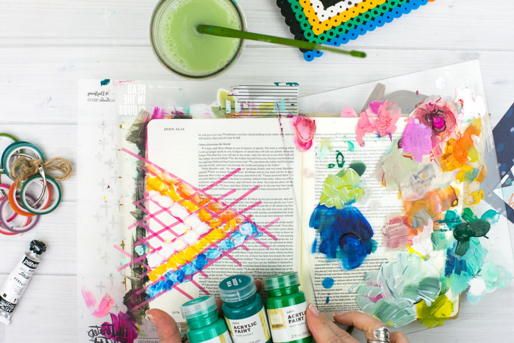 Mixed Media Bible Journaling Tutorial by Amy Bruce using Highligher Tape, All Peoples All Nations, and Brush Lettering Clear Stickers | Not of this World - Washi Tape Masking with Acrylics