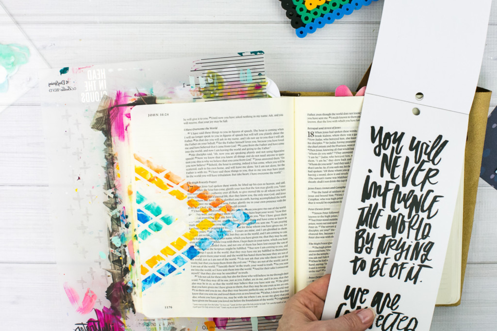 Mixed Media Bible Journaling Tutorial by Amy Bruce using Highligher Tape, All Peoples All Nations, and Brush Lettering Clear Stickers | Not of this World - Washi Tape Masking with Acrylics