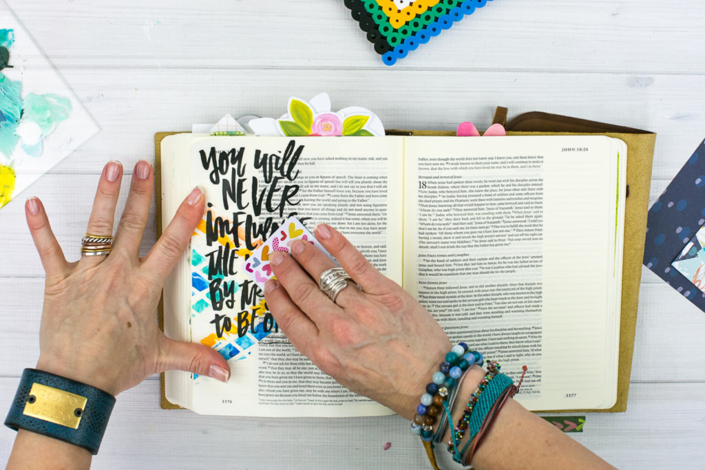 Mixed Media Bible Journaling Tutorial by Amy Bruce using Highligher Tape, All Peoples All Nations, and Brush Lettering Clear Stickers | Not of this World - Washi Tape Masking with Acrylics