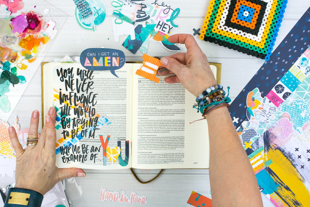 Mixed Media Bible Journaling Tutorial by Amy Bruce using Highligher Tape, All Peoples All Nations, and Brush Lettering Clear Stickers | Not of this World - Washi Tape Masking with Acrylics