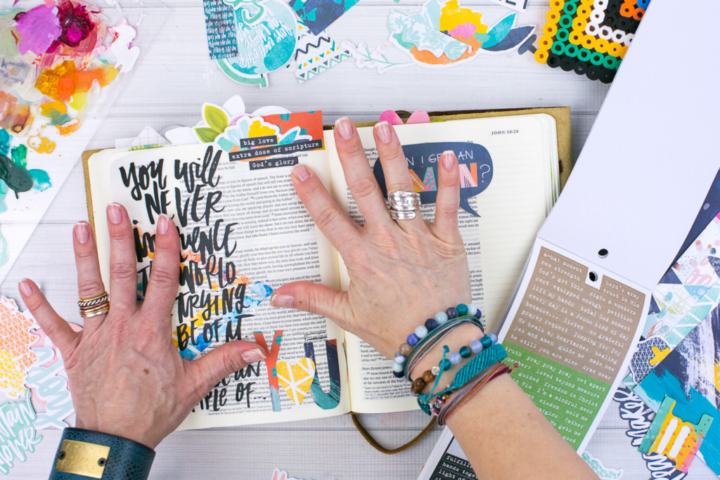 Mixed Media Bible Journaling Tutorial by Amy Bruce using Highligher Tape, All Peoples All Nations, and Brush Lettering Clear Stickers | Not of this World - Washi Tape Masking with Acrylics