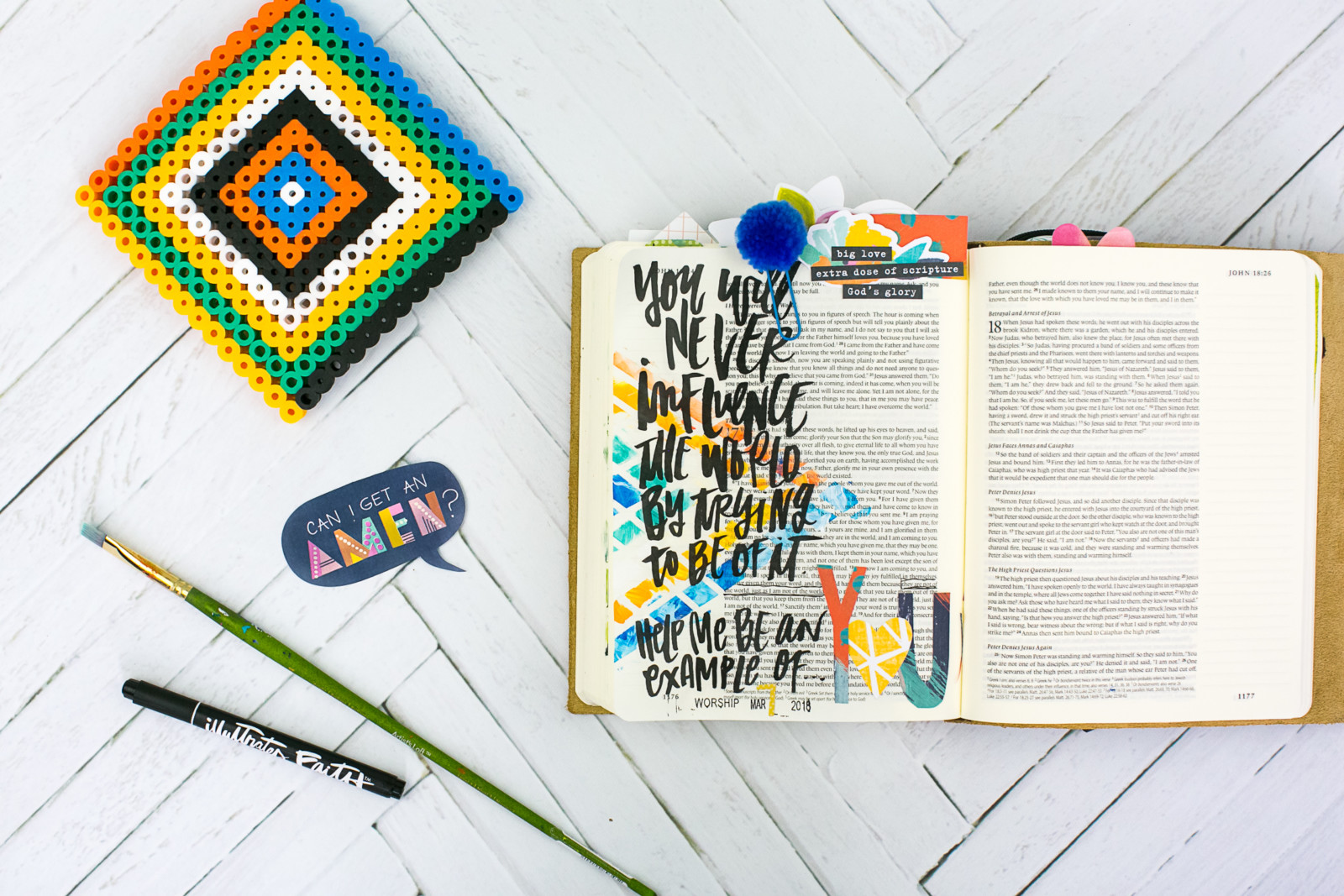 Mixed Media Bible Journaling Tutorial by Amy Bruce using Highligher Tape, All Peoples All Nations, and Brush Lettering Clear Stickers | Not of this World - Washi Tape Masking with Acrylics