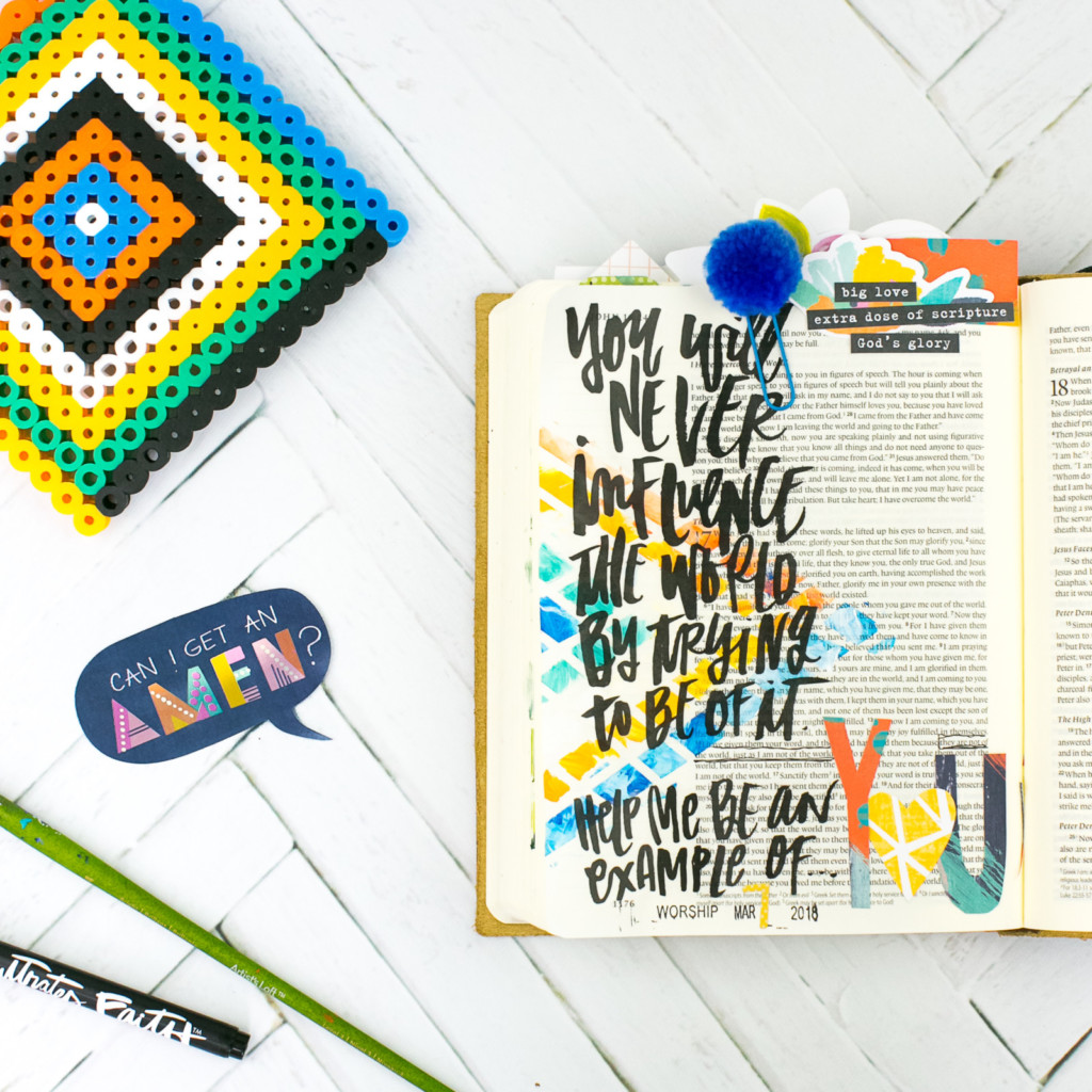 Mixed Media Bible Journaling Tutorial by Amy Bruce using Highligher Tape, All Peoples All Nations, and Brush Lettering Clear Stickers | Not of this World - Washi Tape Masking with Acrylics