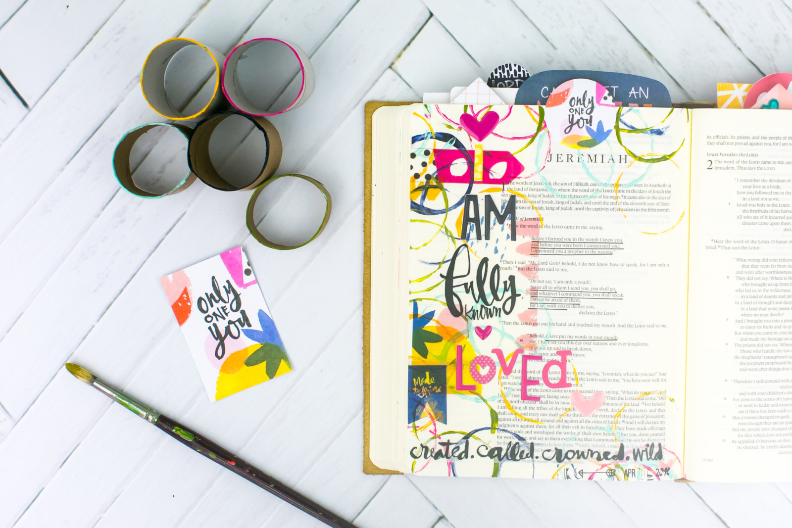 Mixed Media Bible Journaling Tutorial by Amy Bruce | Known - Fun with Acrylics and Cardboard Rolls