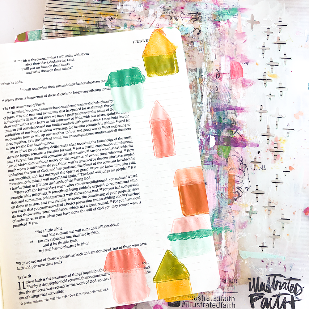 mixed media Bible journaling tutorial by Heather Greenwood | layered stamping with acrylic paints | Illustrated Faith Stronger Together Devotional