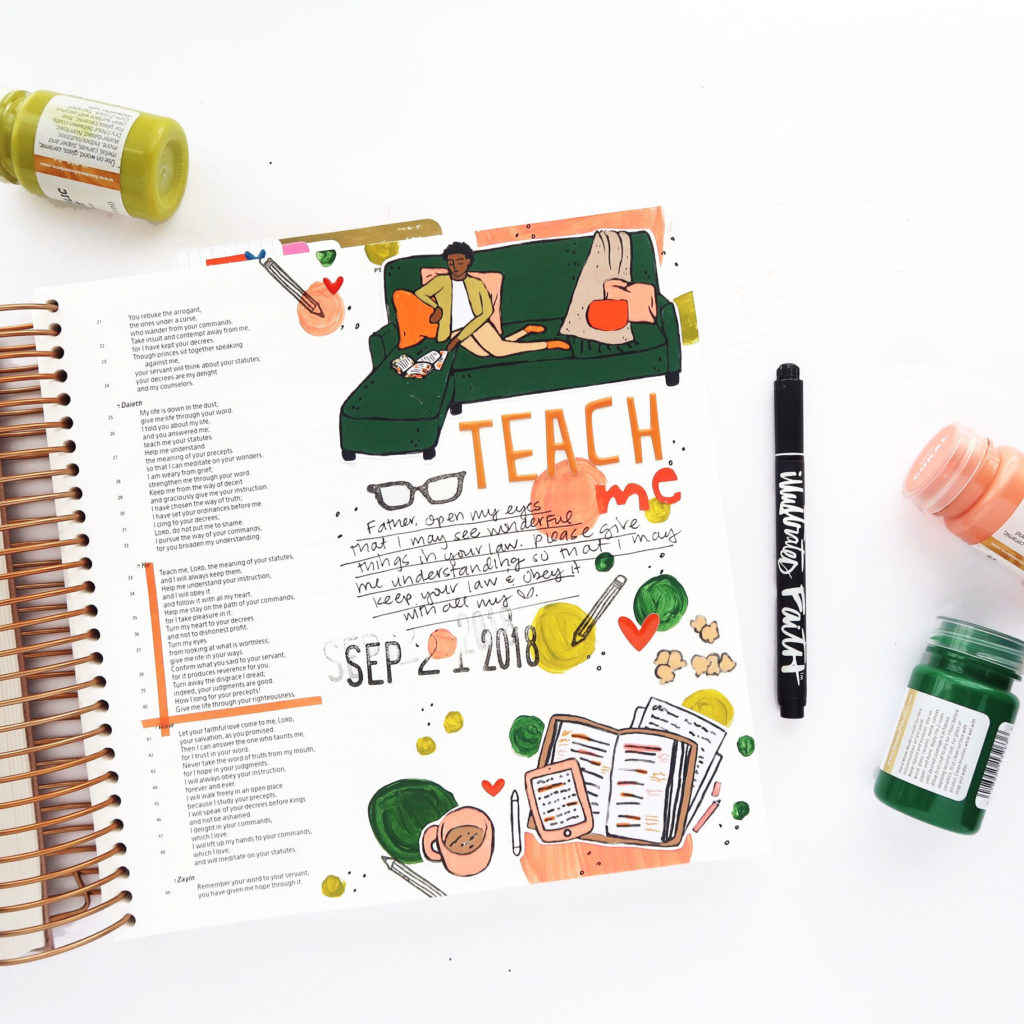 Print and Pray Bible Journaling Process Video by Jillian aka Hello Jillsky using digitial printables | Jesus and Chill - Teach Me | Psalm 119:33-37