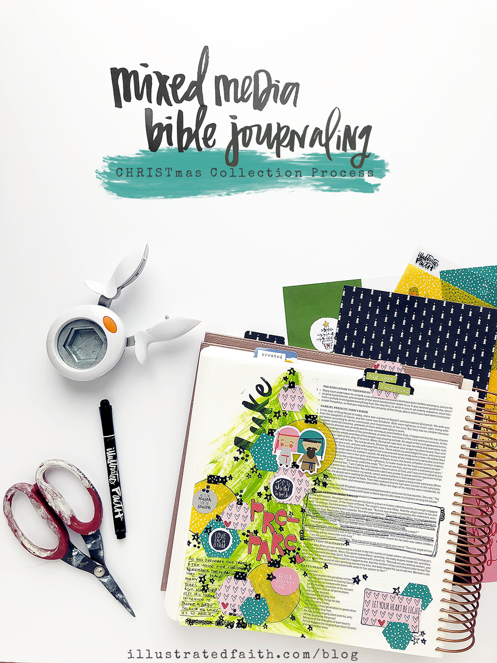 Mixed Media Bible Journaling by Heather Greenwood | using the CHRISTmas Collection | Scrapbook Paper Layering Process and stamping