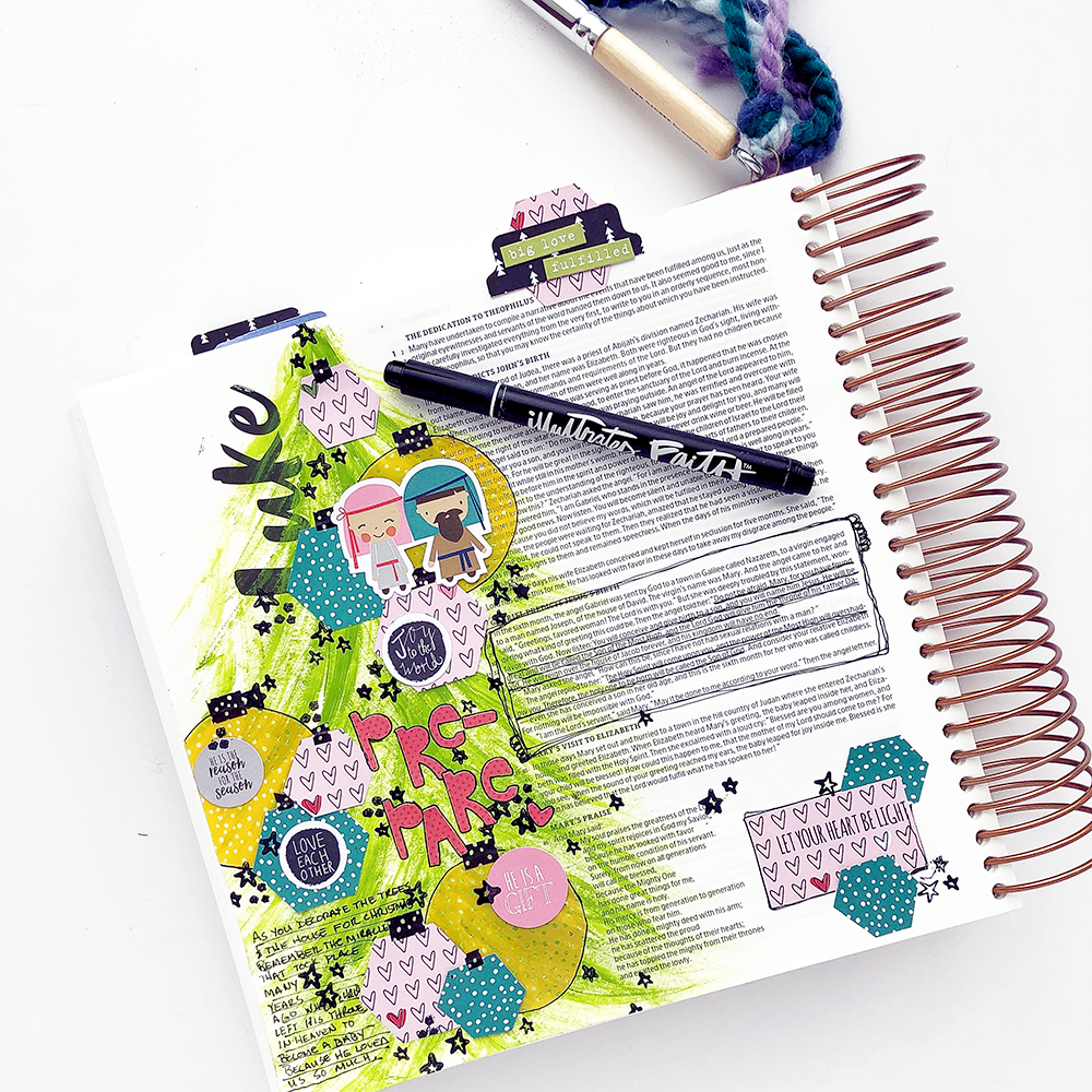 Mixed Media Bible Journaling by Heather Greenwood | using the CHRISTmas Collection | Scrapbook Paper Layering Process and stamping