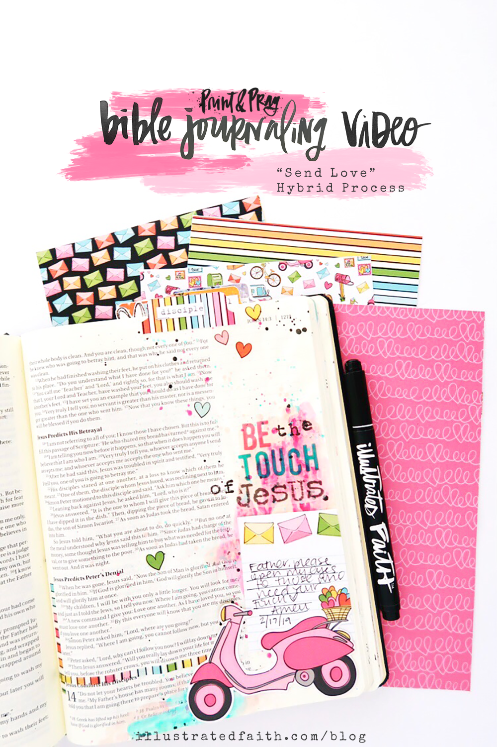 Send Love | Print & Pray Hybrid Bible Journaling Process Video by Jillian aka Hello Jillsky using digital printables | John 13:34-35