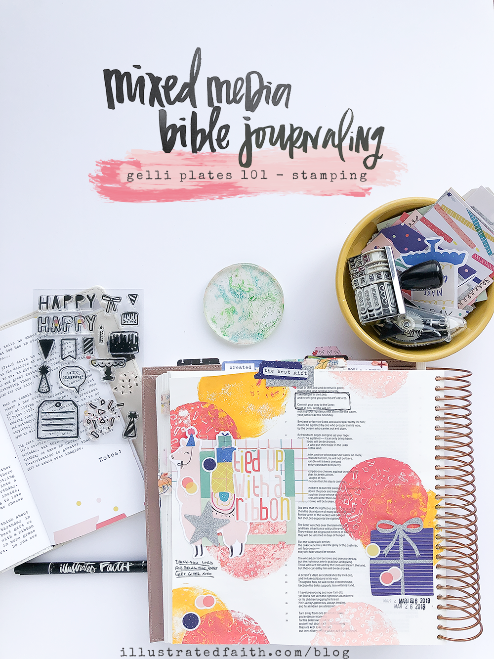 Mixed Media Bible Journaling - Gelli Plate Stamping Tutorial by Heather Greenwood | Tied Up With a Ribbon - Psalm 37:4-5