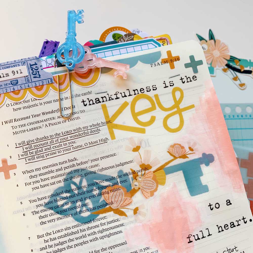 Print and Pray Hybrid Bible Journaling by Cristin Howell using digital printables | Thankfulness is Key | Psalm 9