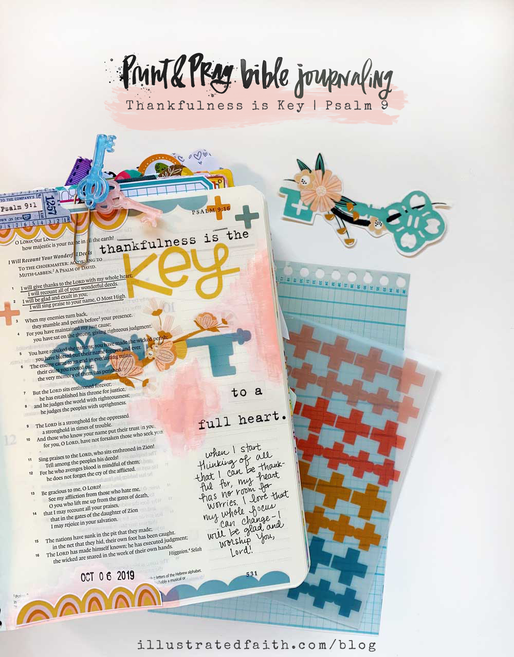 Print and Pray Hybrid Bible Journaling by Cristin Howell using digital printables | Thankfulness is Key | Psalm 9