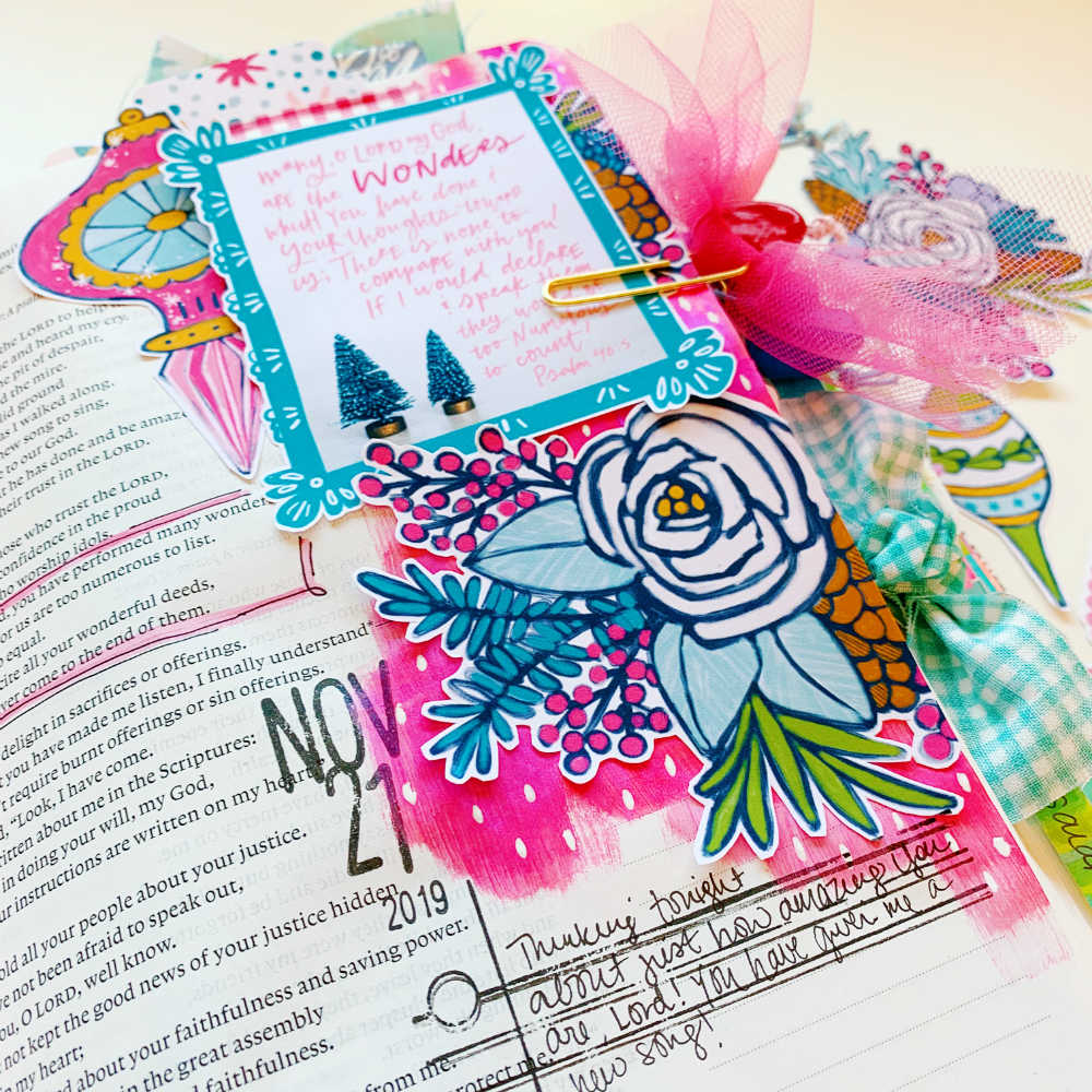 Hybrid Print and Pray Bible Journaling by Cristin Howell using digital printables | His Wonders are Wonderful | Psalm 40